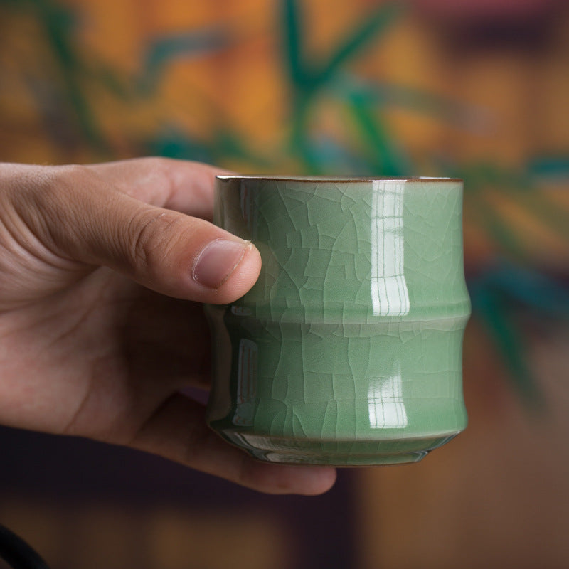 Longquan Celadon Chinese Tea Cup – Ge Kiln Plum Green with Crackled Glaze, Bamboo Joint Design