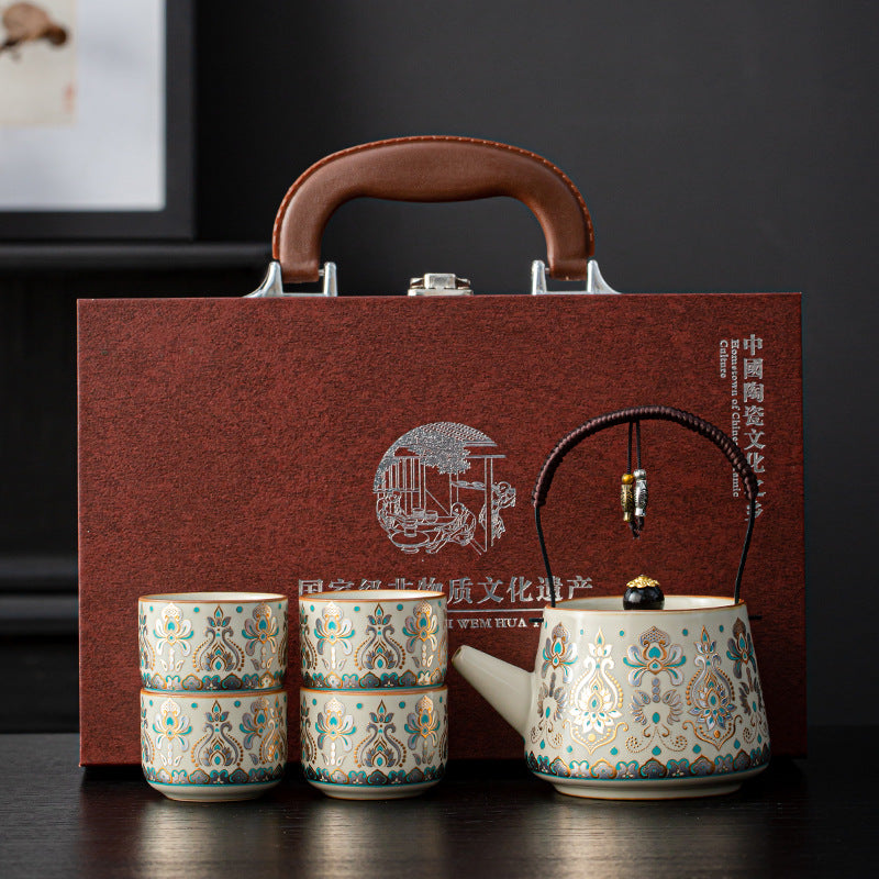 Ru Kiln Porcelain Modern Tea Set – Gold-Silver Inlay Handle