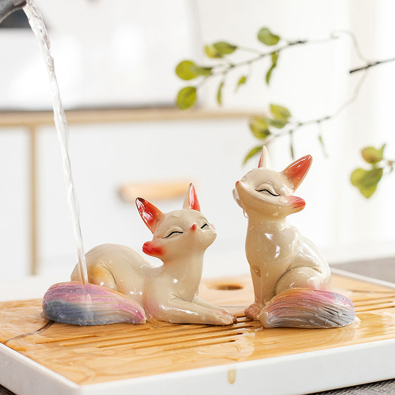 Color-Changing Fox Tea Pet – Standing & Lying Down Resin Figurines with Heat-Activated Effect