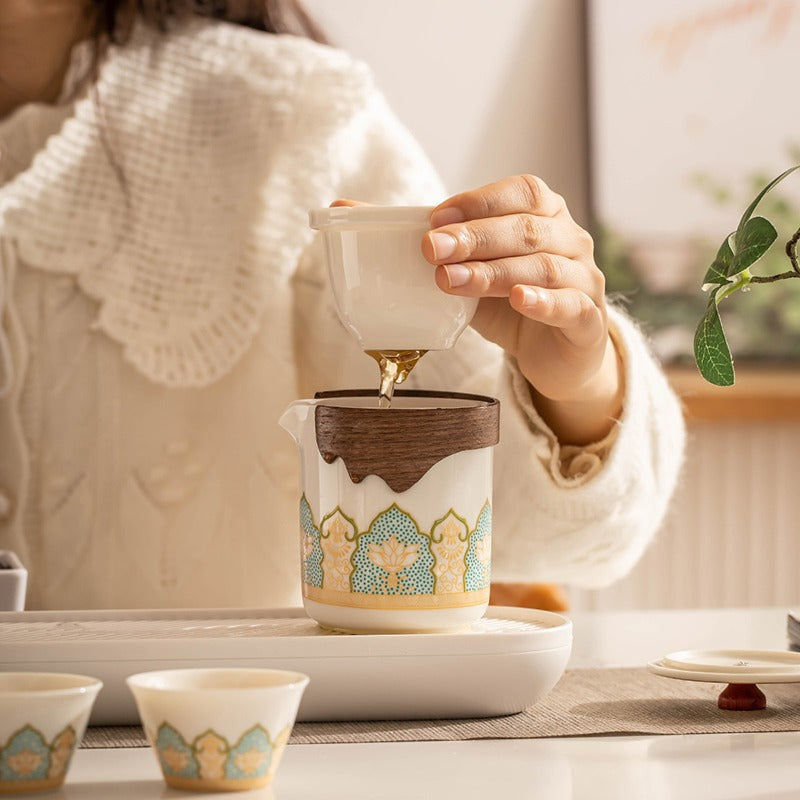 Porcelain Travel Tea Set – Moon White, 1 Teapot + 4 Cups + Tea Canister + Tray, with Brown Travel Pouch