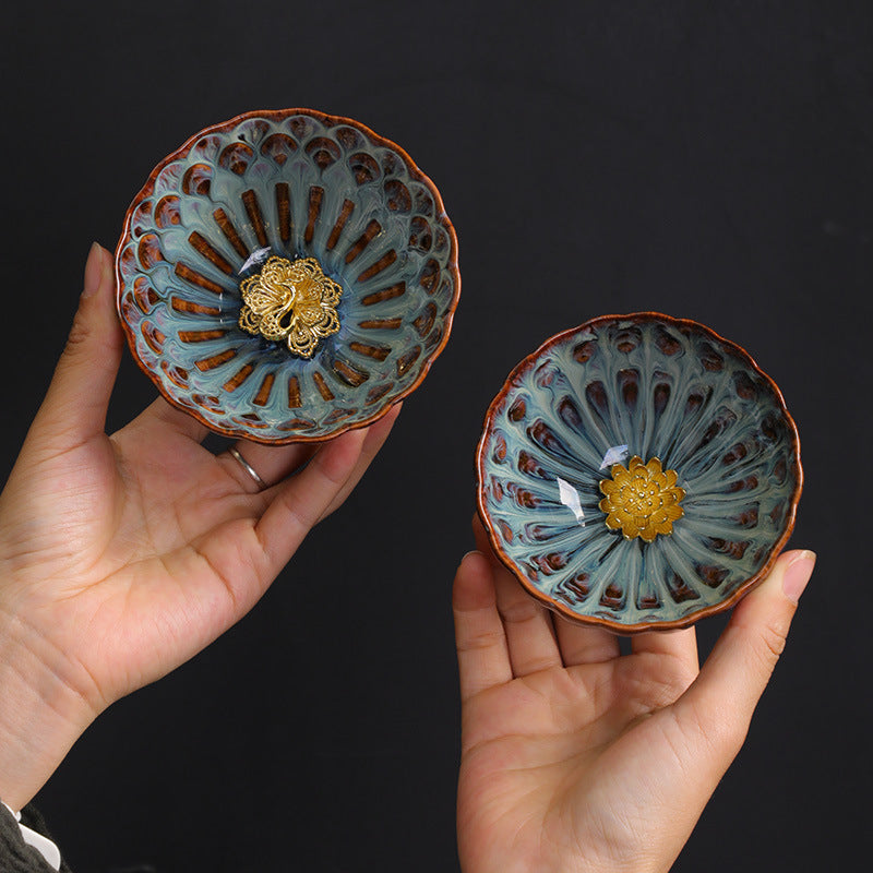 Kiln-Changed Glaze Tea Cup – Handcrafted Ceramic Gongfu Tea Cups with Metallic Inlay