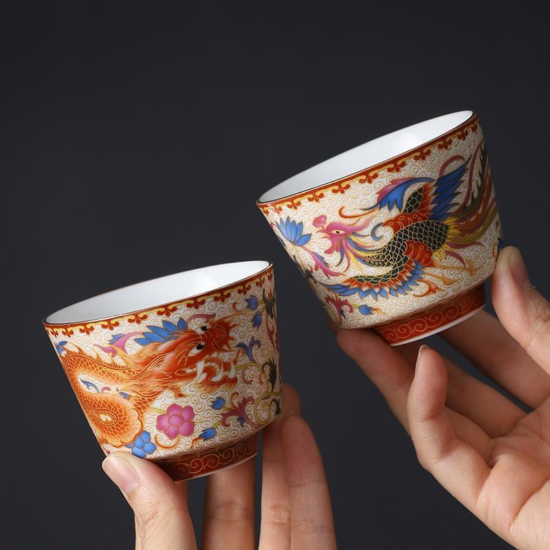 Jingdezhen Enameled Porcelain Dragon and Phoenix Pair Tea Cups – Gongfu tea Cup