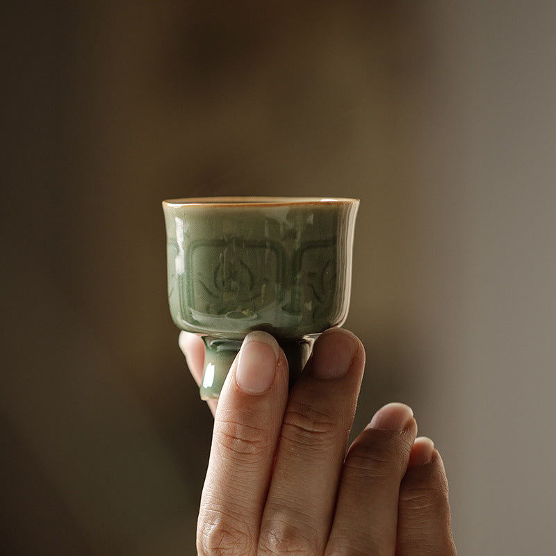 Longquan Celadon Chinese Tea Cup – Hand-Carved “Fu” Character with Phoenix Design