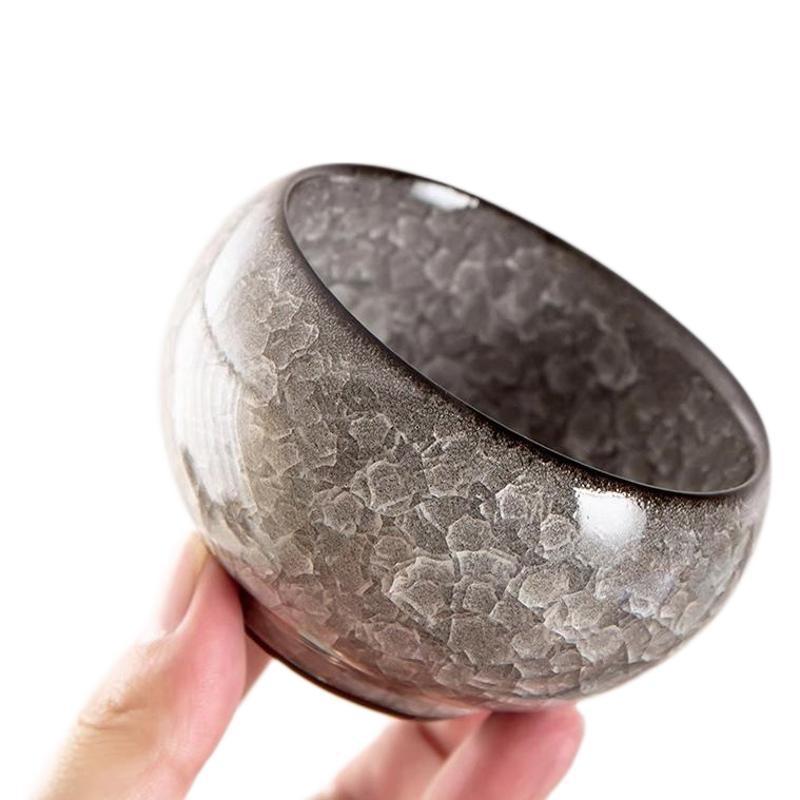 Ru Kiln Ice Crackle Gongfu Tea Cups – Black Ice Flower Pattern, Zen Shape
