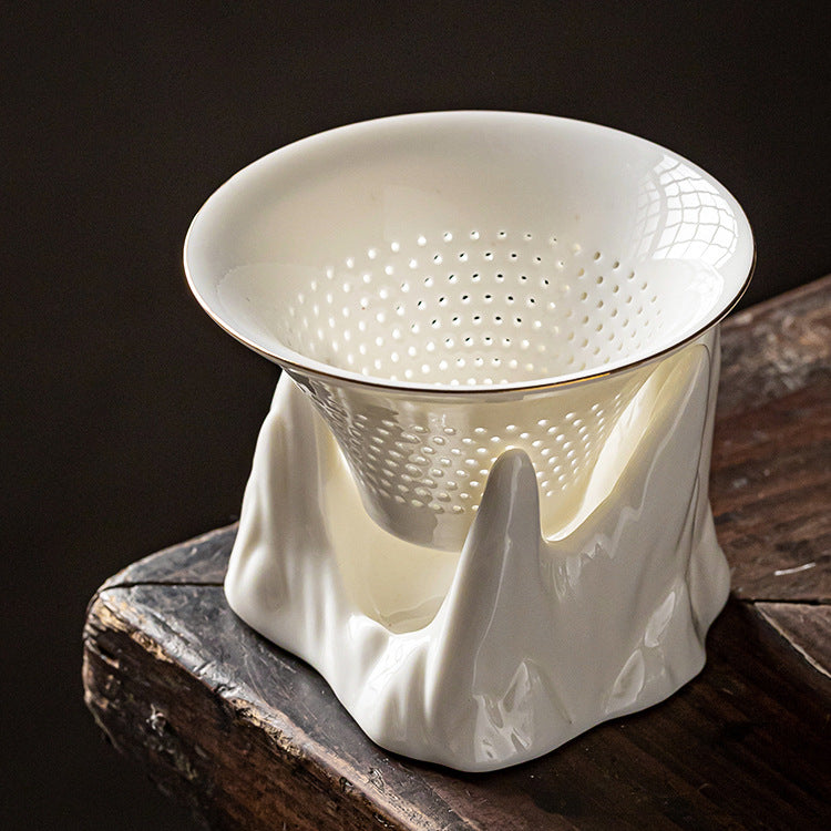White Porcelain Tea Strainer Set – Gold Trim, Multiple Designs, Ceramic Filter