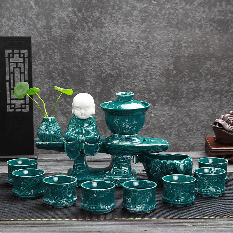 Semi-Automatic Marble Pattern Gongfu Tea Set – Ceramic, Complete Set with Base