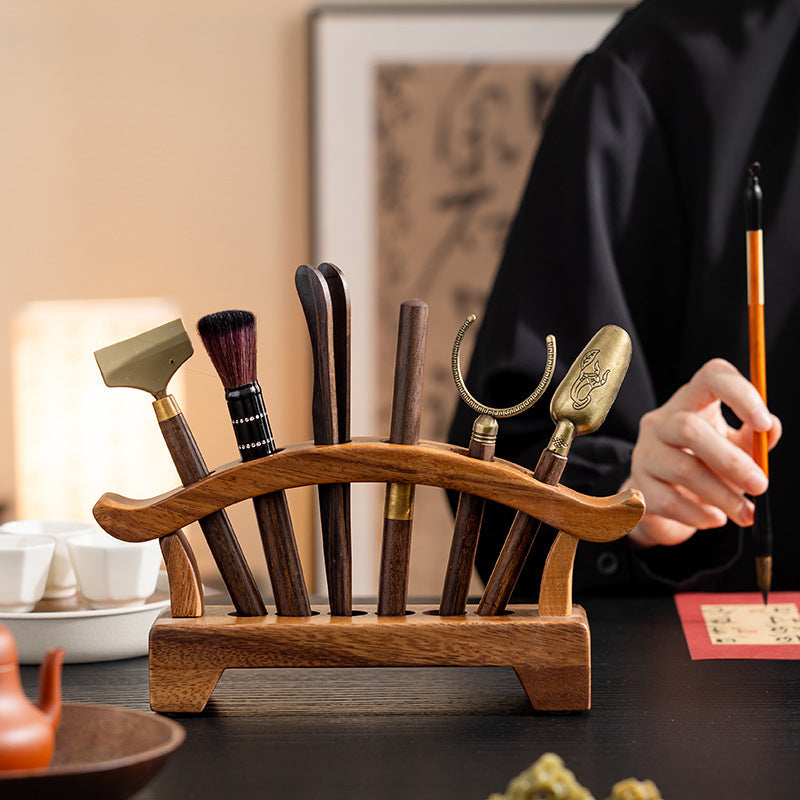 Walnut Wood Tea Utensil Holder – Traditional Chinese Tea Ceremony Tool Stand