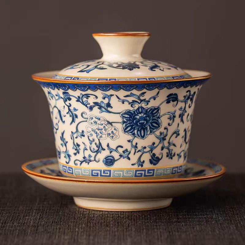 Blue-and-White Ruyao Gaiwan Tea Set – Porcelain Gaiwan with Cups for Kung Fu Tea