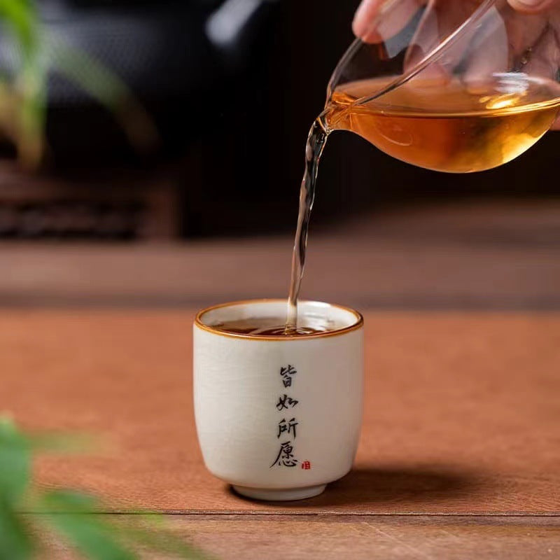Jingdezhen Style Chinese Tea Cup – Yellow Ru Ware “All Wishes Come True”, 150ml