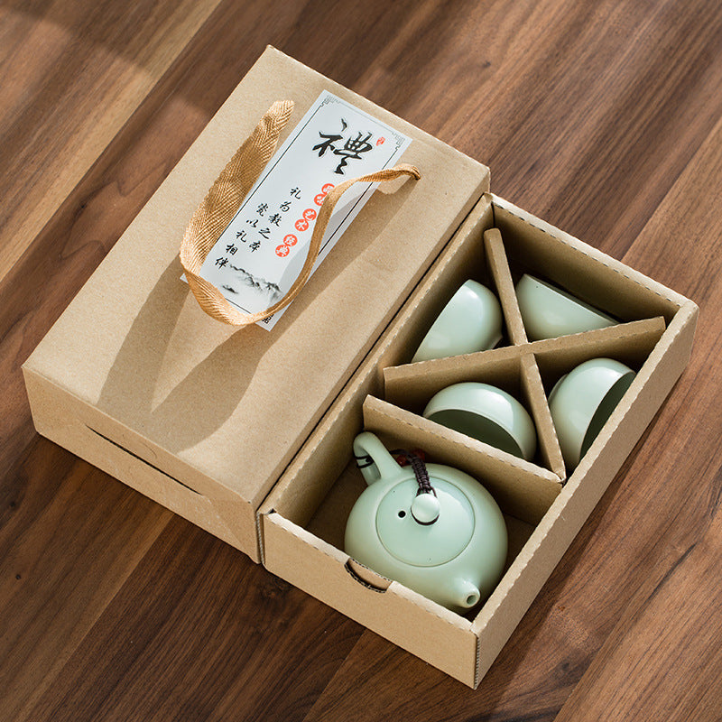 Ding Ware Travel Gongfu Tea Sets – Green Xishi Teapot with 4 Cups