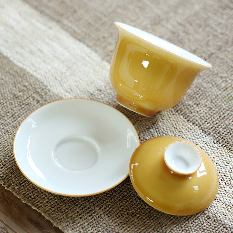 Yellow Glaze Porcelain Gaiwan – Traditional Three-Piece Set, 160ml