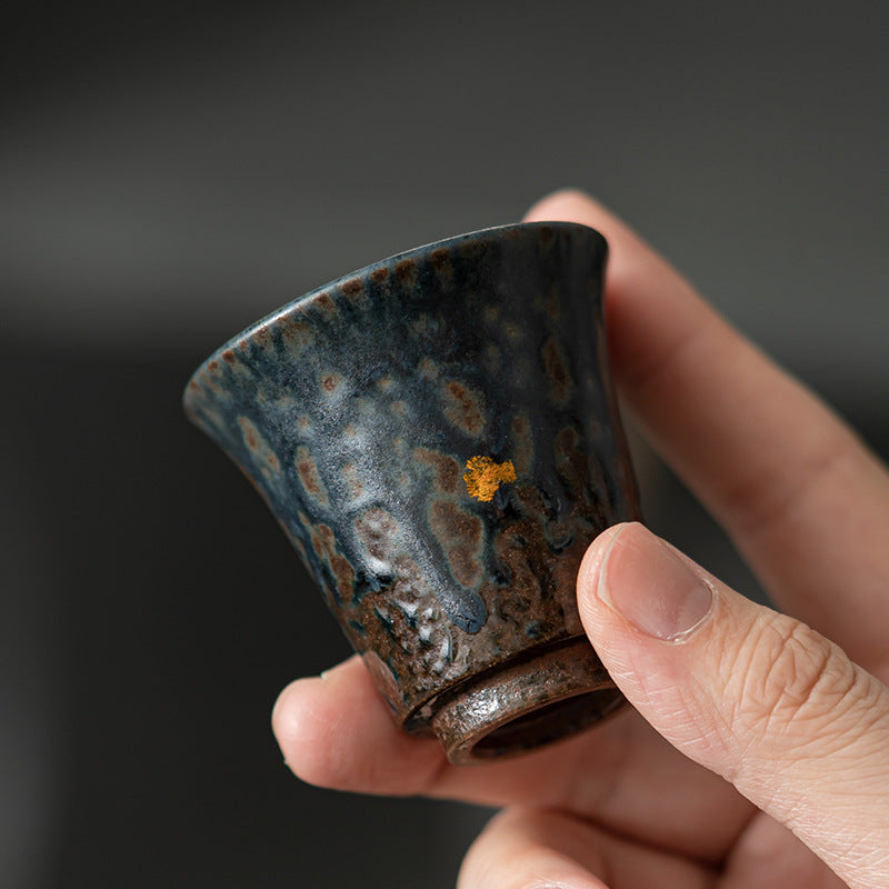 Japanese Tea Cup – Aged Rock Mud, Peacock Blue Bronze Glaze, 50ml