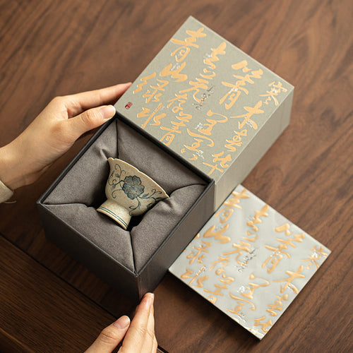 Chinese Master Tea Cup – Hand-Painted Entangled Lotus, Flower Rim, Gift Box