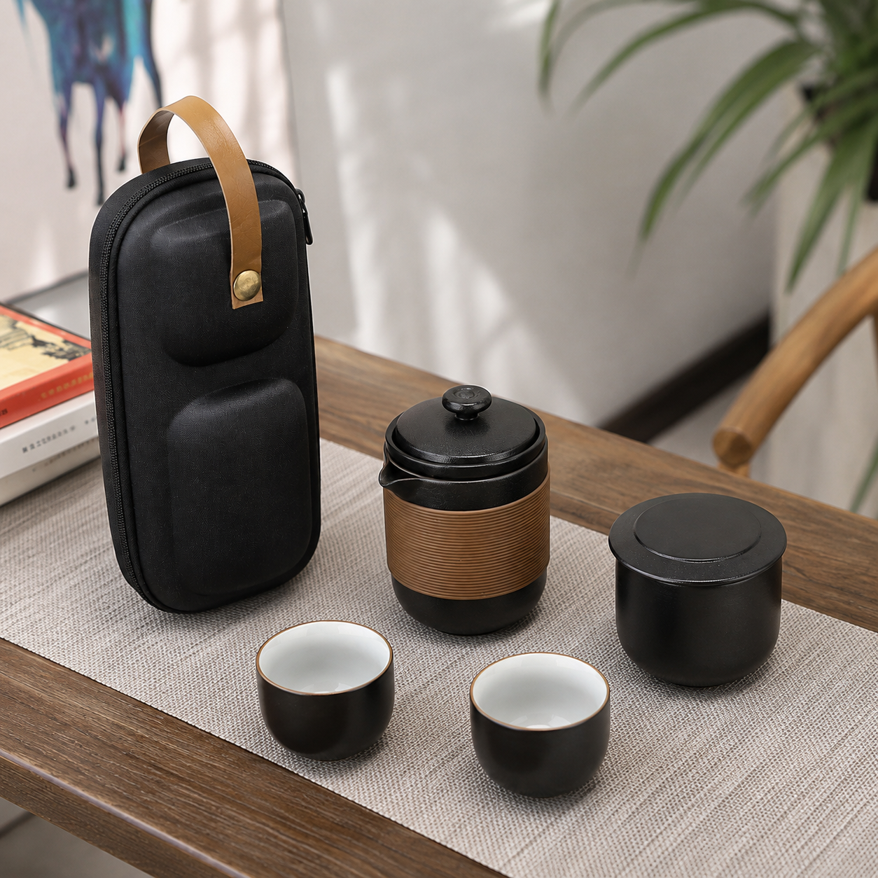 Black Ceramic Travel Tea Set With Handbag