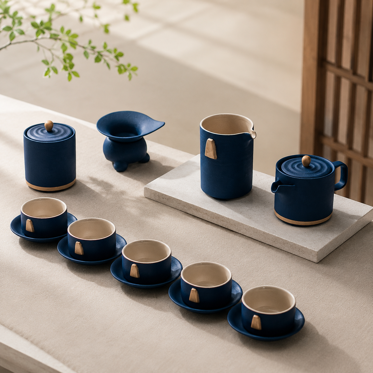 Chinese Blue Tea Set With Golden Handle