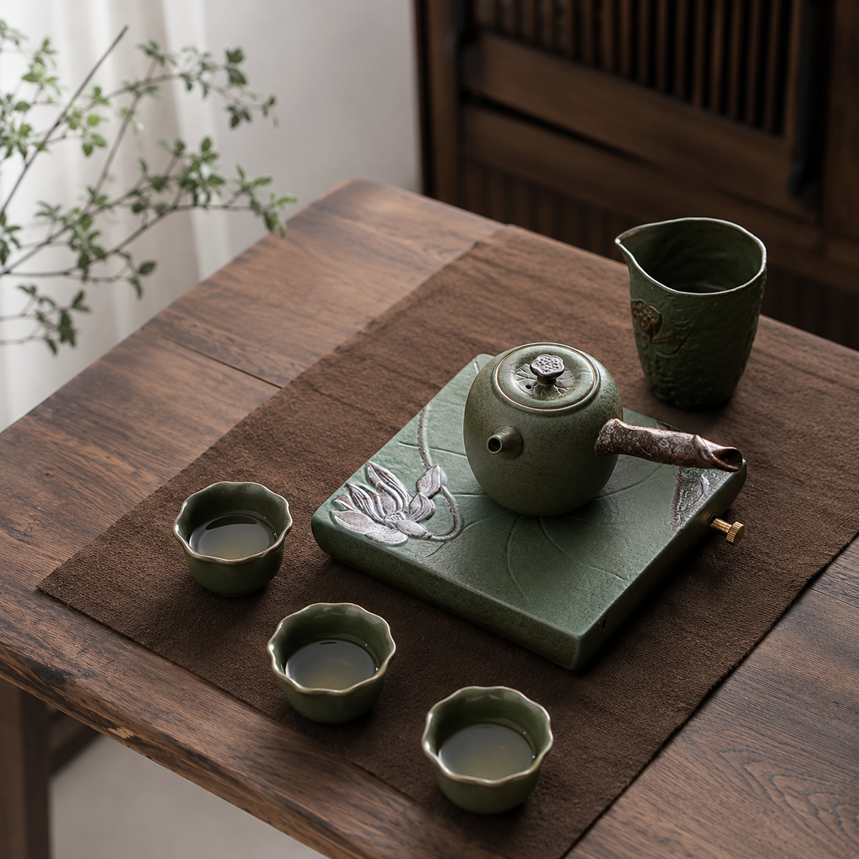 Coarse Pottery Kyusu Lotus Tea Set