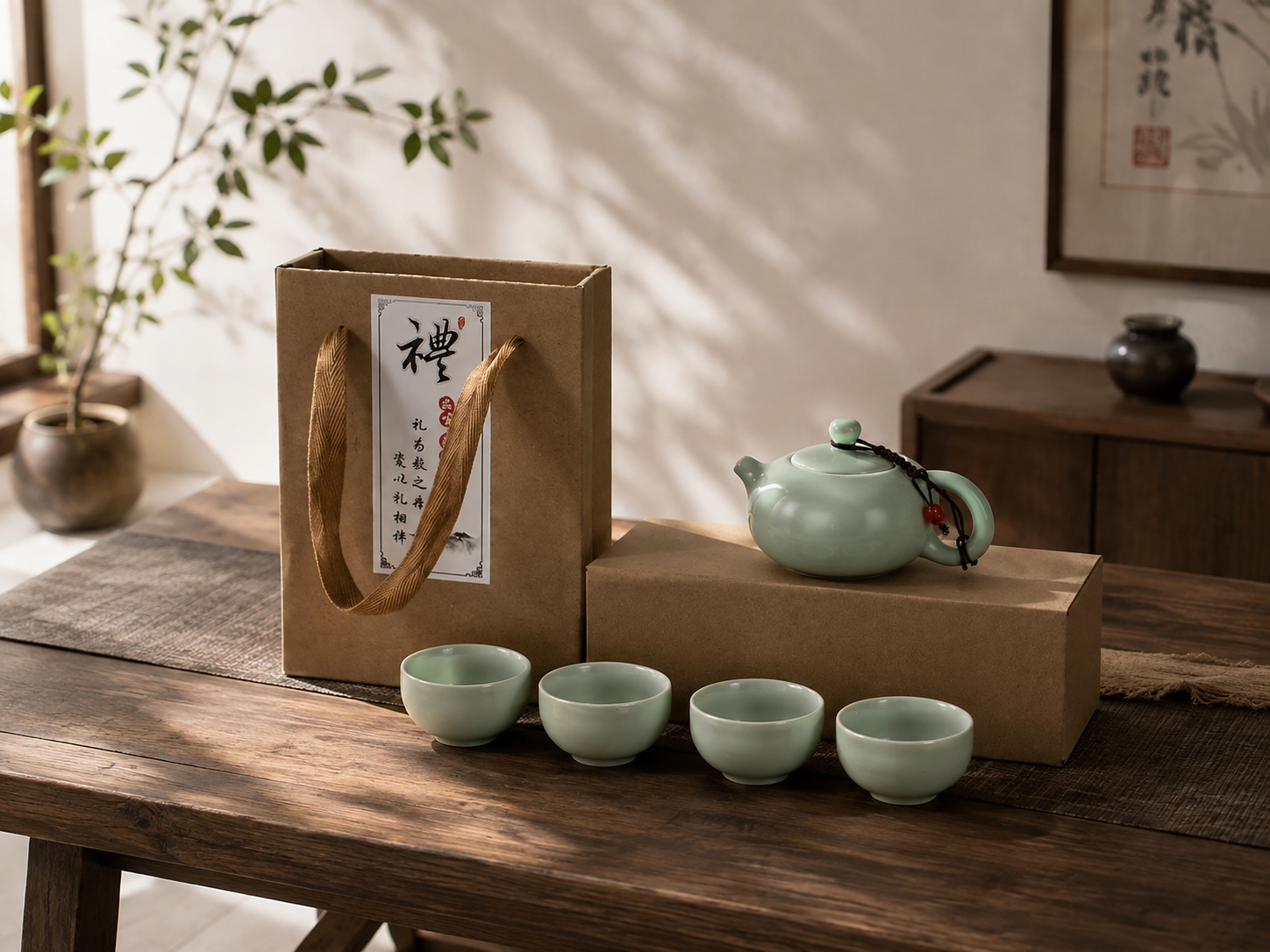Ding Ware Travel Gongfu Tea Sets – Green Xishi Teapot with 4 Cups