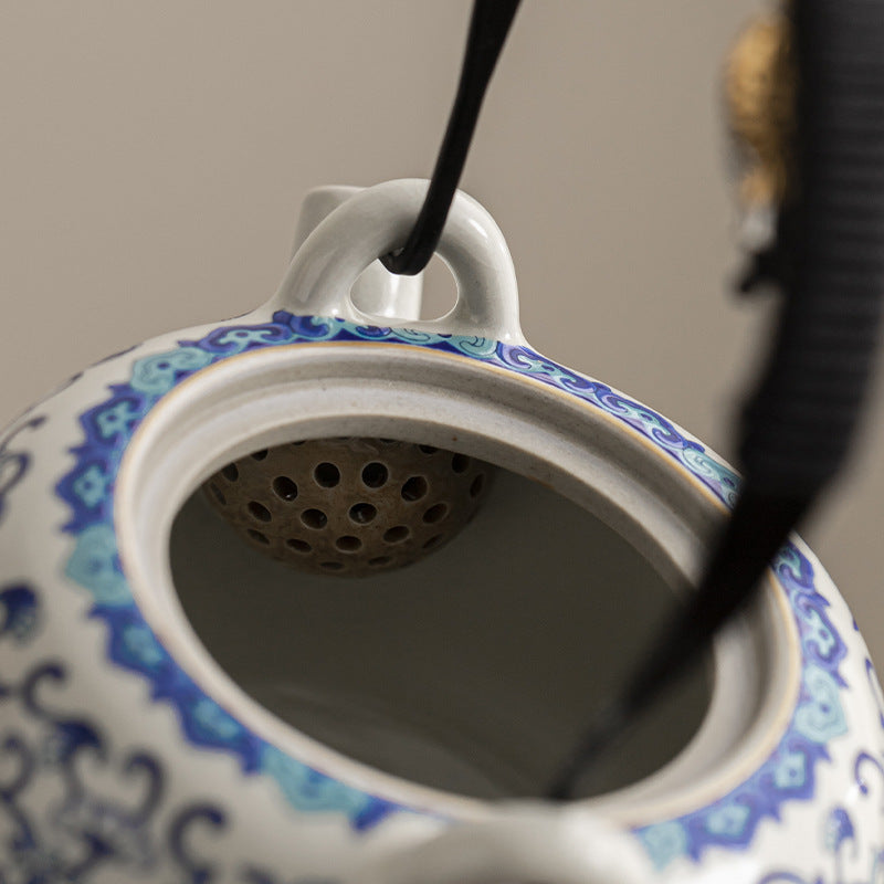 Ru Kiln Porcelain Chinese Teapot – Beige Glaze with Floral Motif, Traditional Chinese Style