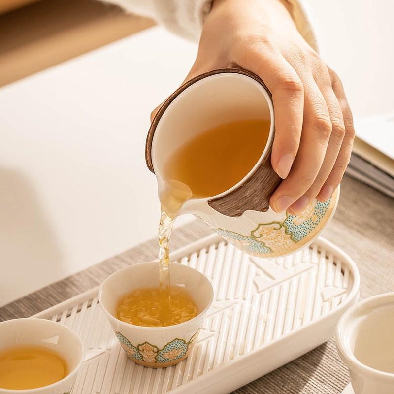 Porcelain Travel Tea Set – Moon White, 1 Teapot + 4 Cups + Tea Canister + Tray, with Brown Travel Pouch
