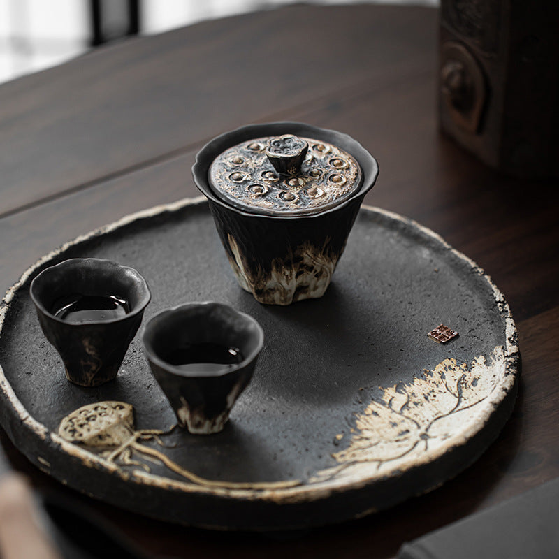 Lotus Rhythm Gaiwan – Hand-Carved Coarse Clay, 200ml, Vintage Style