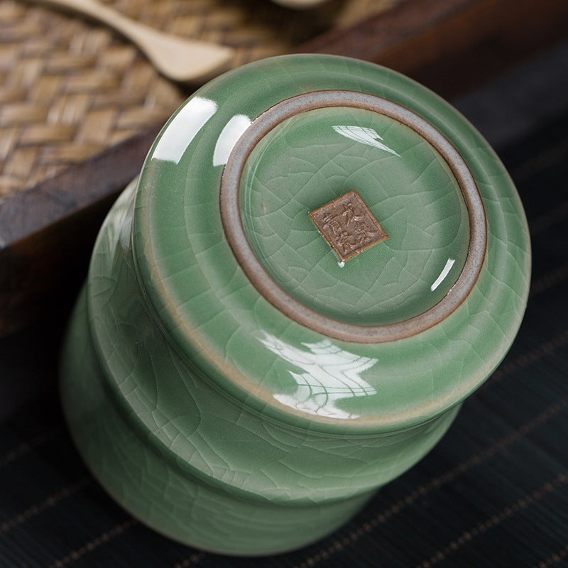 Longquan Celadon Chinese Tea Cup – Ge Kiln Plum Green with Crackled Glaze, Bamboo Joint Design