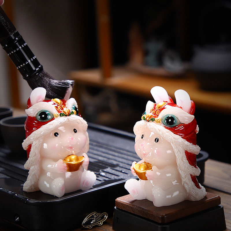 Color-Changing Lion Dance Rabbit Tea Pet – Jade Effect, Resin Figurine
