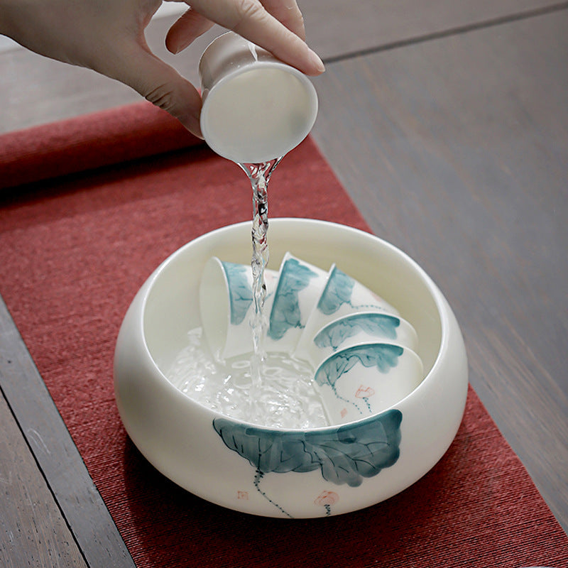 Hand-Painted Lotus Tea Washer – Ceramic Tea Rinse Basin, 1000ml, Large Size