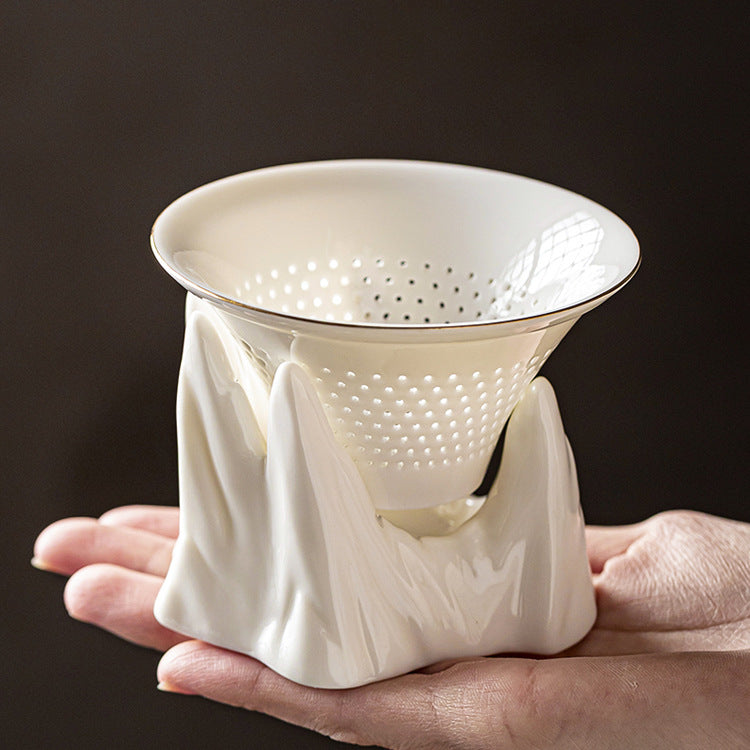 White Porcelain Tea Strainer Set – Gold Trim, Multiple Designs, Ceramic Filter