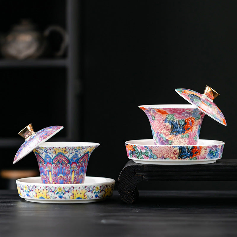Enamel Painted Porcelain Gaiwan – Traditional Chinese Style, High Foot Design
