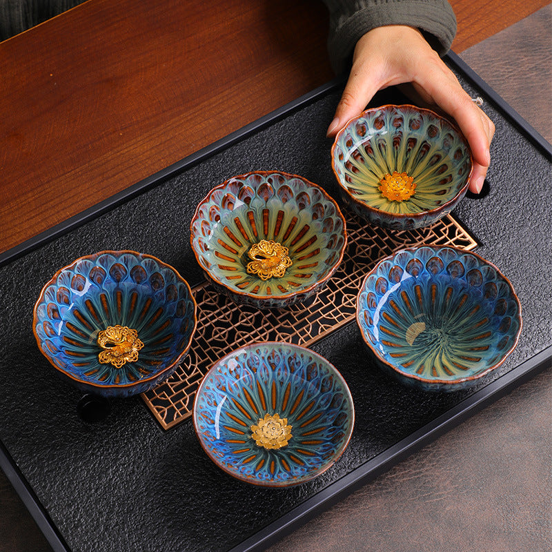 Kiln-Changed Glaze Tea Cup – Handcrafted Ceramic Gongfu Tea Cups with Metallic Inlay