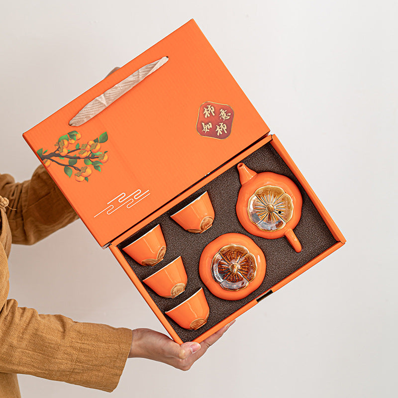 Persimmon “Everything Goes Well” Modern Tea Set – 4-Cup Gift Set with Flower Base Cups
