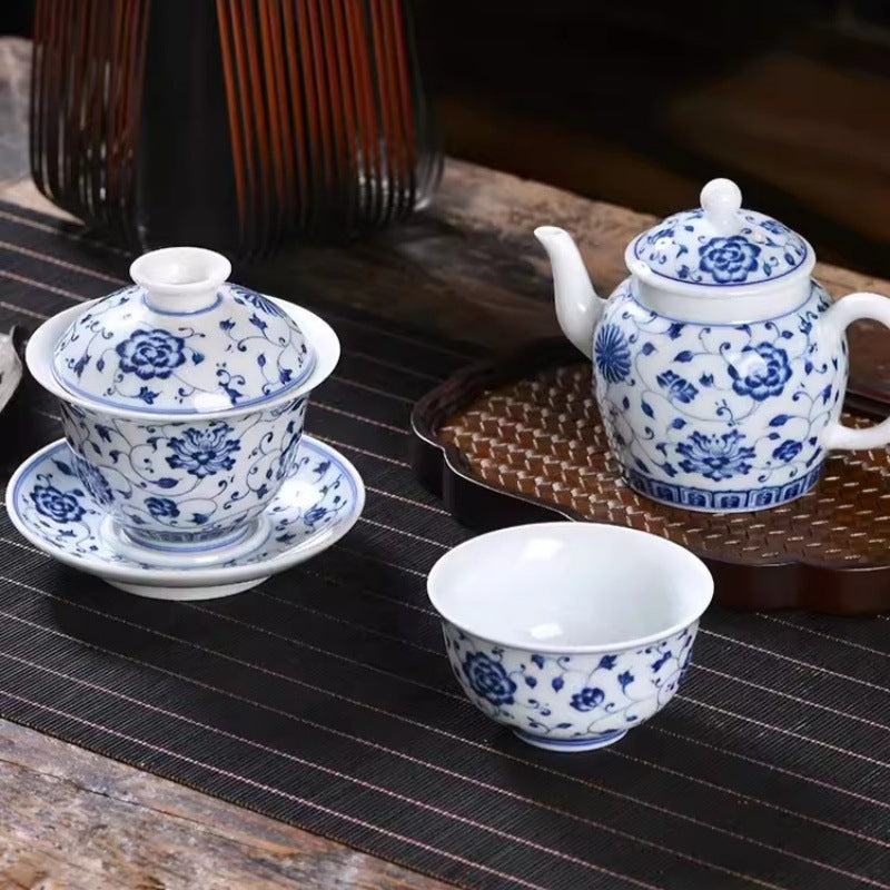 Vintage Blue and White Interlocking Lotus Three-Piece Gaiwan – Jingdezhen Kung Fu Tea Bowl