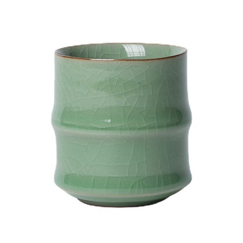 Longquan Celadon Chinese Tea Cup – Ge Kiln Plum Green with Crackled Glaze, Bamboo Joint Design