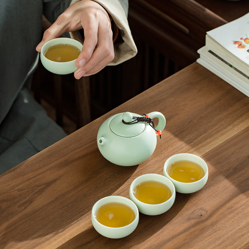 Ding Ware Travel Gongfu Tea Sets – Green Xishi Teapot with 4 Cups