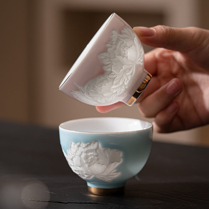 Shadow Carved Butterfly and Flower Master Cup – Elegant Porcelain Chinese Tea Cup for Women
