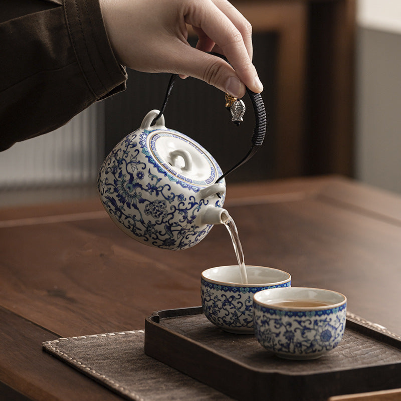 Ru Kiln Porcelain Chinese Teapot – Beige Glaze with Floral Motif, Traditional Chinese Style