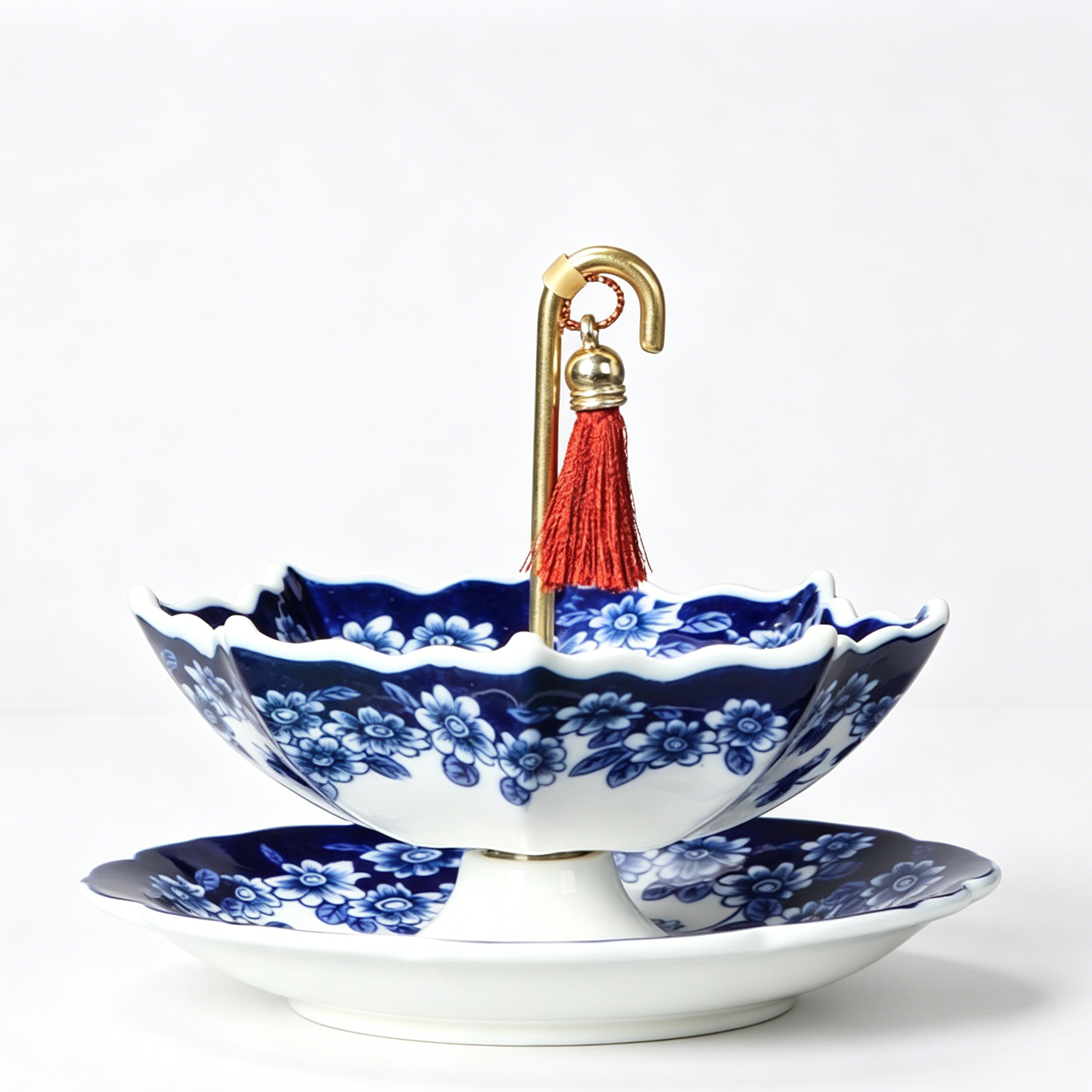 Blue and White Porcelain Umbrella Tea Strainer with Matching Saucer