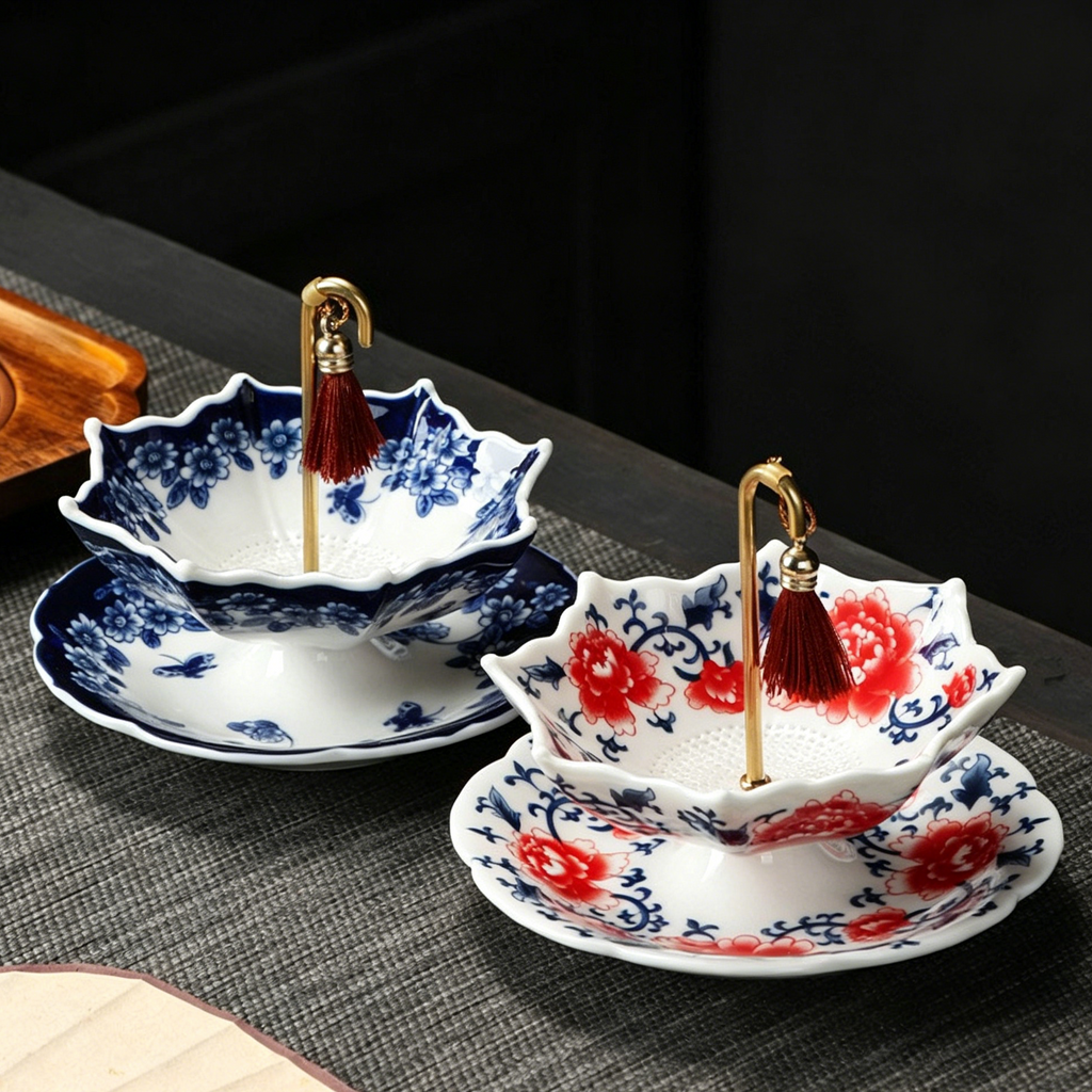 Blue and White Porcelain Umbrella Tea Strainer with Matching Saucer