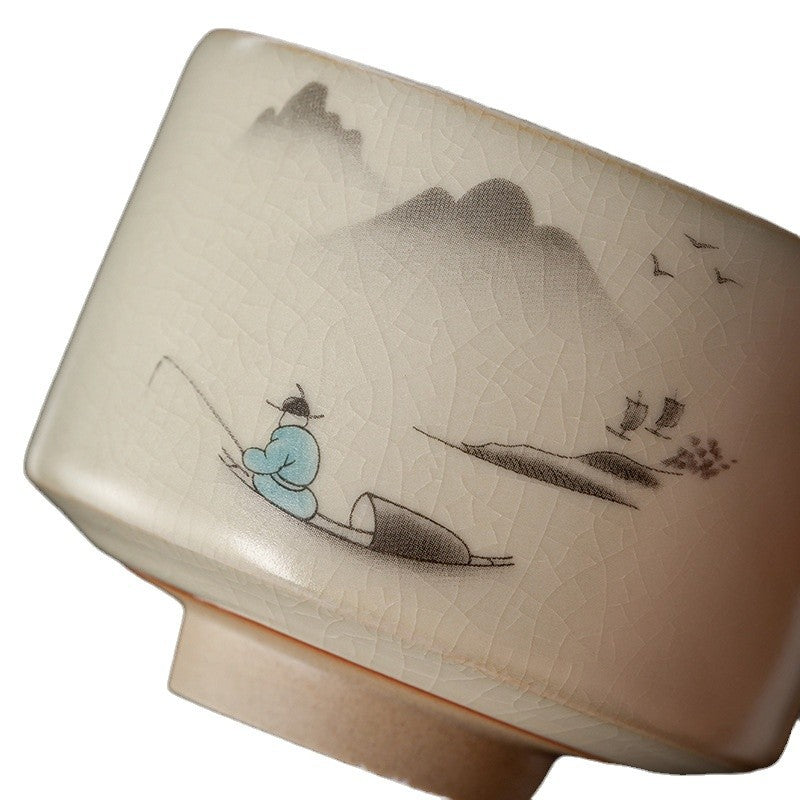 Automatic Tea Set – Ru Ware Style, Hand-Painted Fishing Scene, 6-Person Set