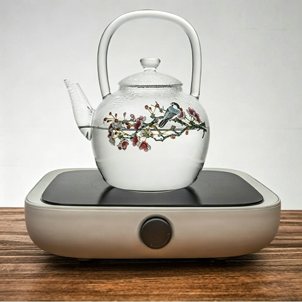Magpie And Peach Blossom Glass Teapot