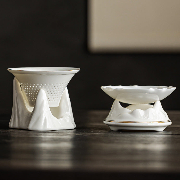 White Porcelain Tea Strainer Set – Gold Trim, Multiple Designs, Ceramic Filter