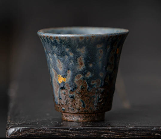 Japanese Tea Cup – Aged Rock Mud, Peacock Blue Bronze Glaze, 50ml