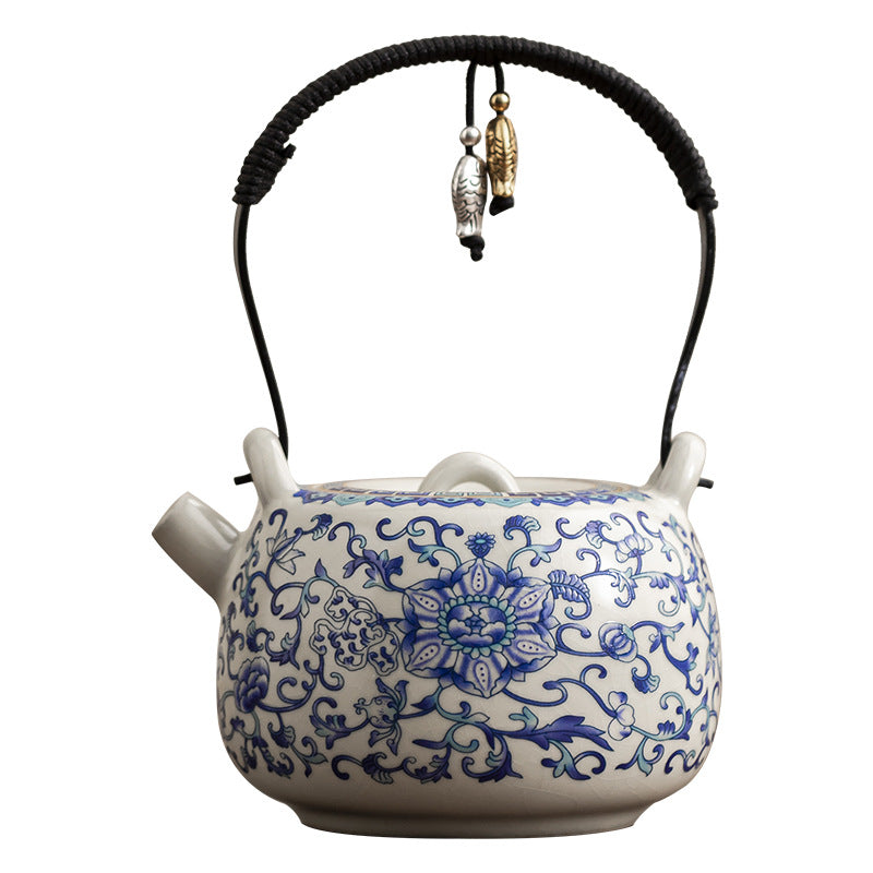 Ru Kiln Porcelain Chinese Teapot – Beige Glaze with Floral Motif, Traditional Chinese Style