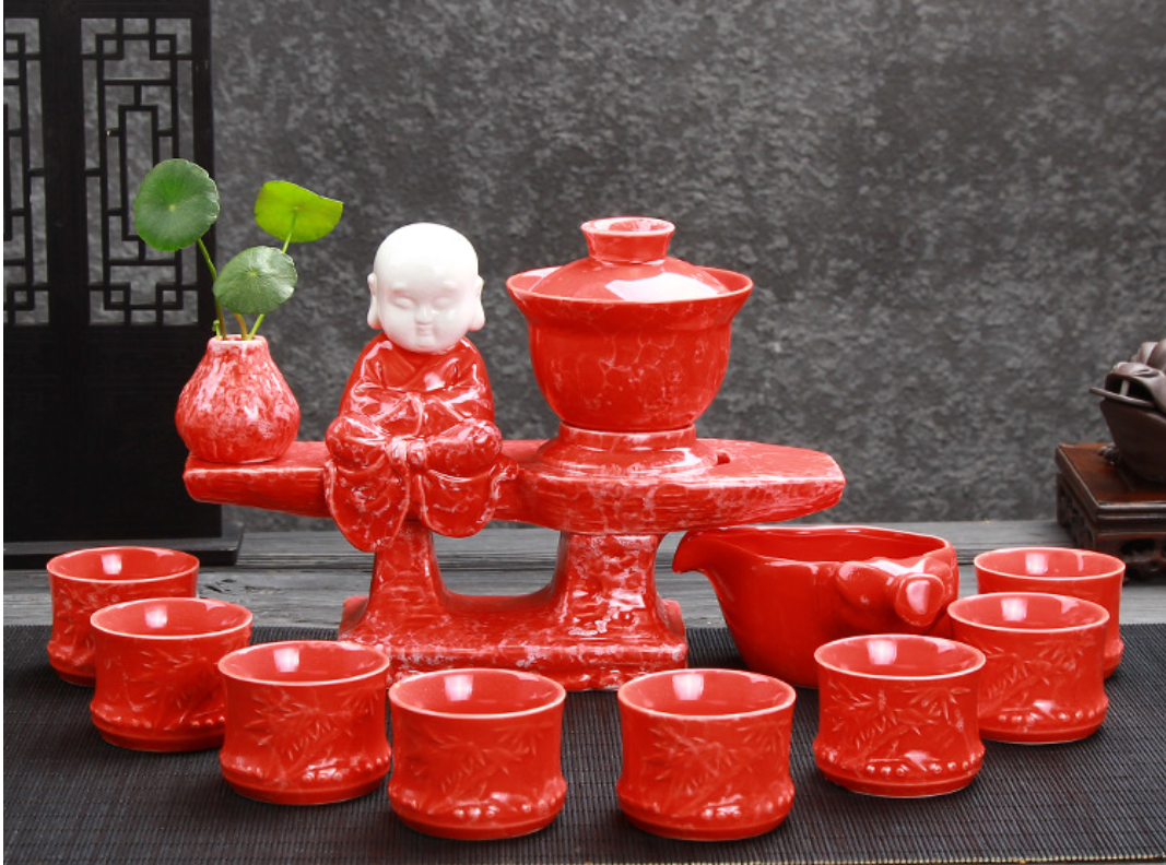 Semi-Automatic Marble Pattern Gongfu Tea Set – Ceramic, Complete Set with Base