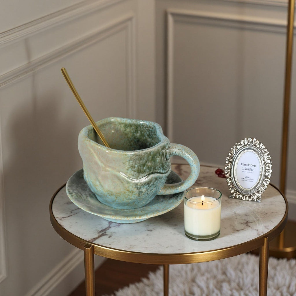 Kiln-Changed Ceramic Modern Tea Cup & Saucer – Cyan-Blue, 190ml