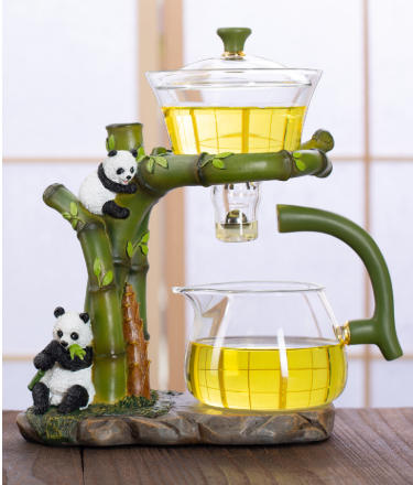 Automatic Tea Set – Panda Magnetic Glass Teapot, 6 Cups & Tea Tray, 350ml