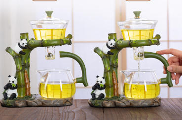 Automatic Tea Set – Panda Magnetic Glass Teapot, 6 Cups & Tea Tray, 350ml