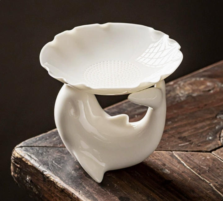 White Porcelain Tea Strainer Set – Gold Trim, Multiple Designs, Ceramic Filter