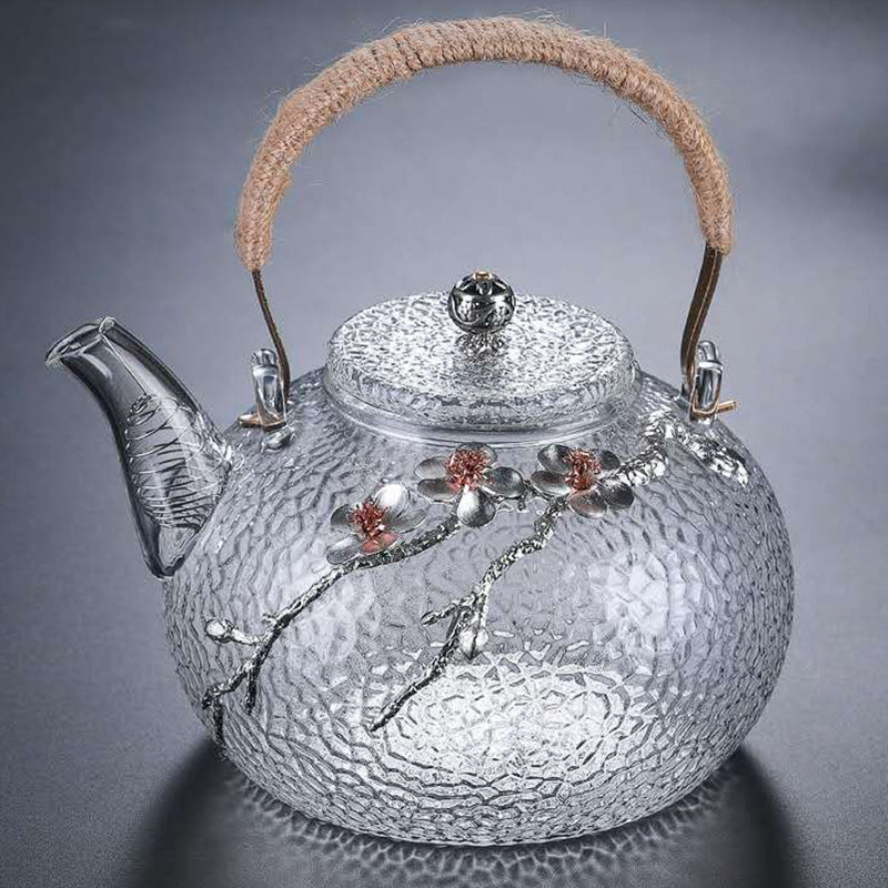 Handle Glass Teapot with Tin Flower Accents – Heat-Resistant Stovetop Kettle