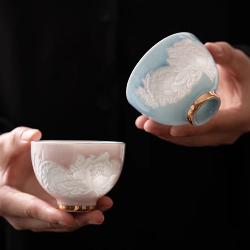 Shadow Carved Butterfly and Flower Master Cup – Elegant Porcelain Chinese Tea Cup for Women